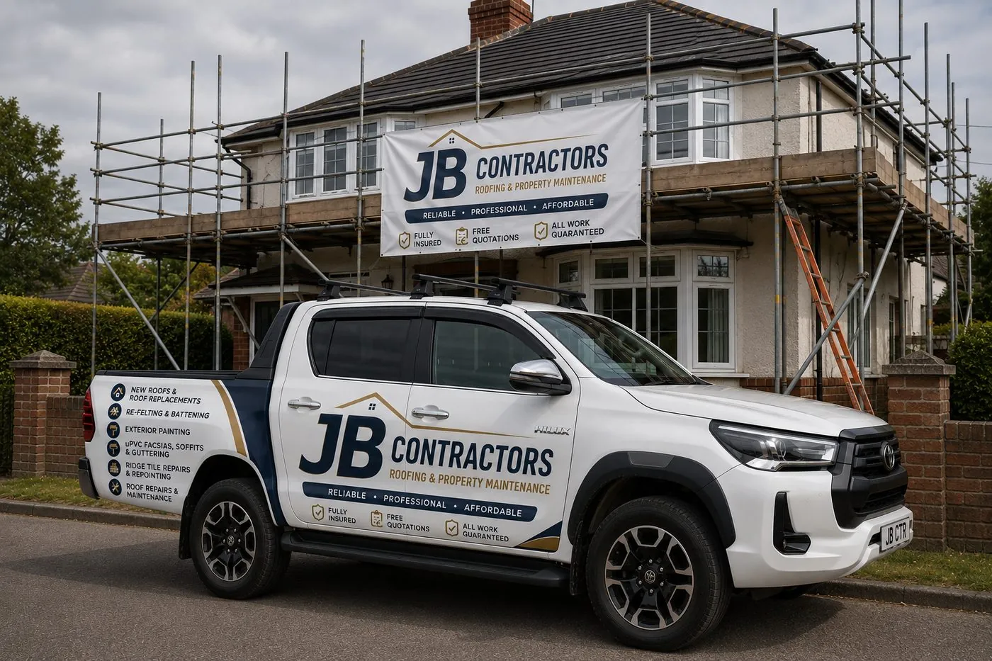 Seaton Roofing pickup truck on site at a scaffolded roofing job in Seaton